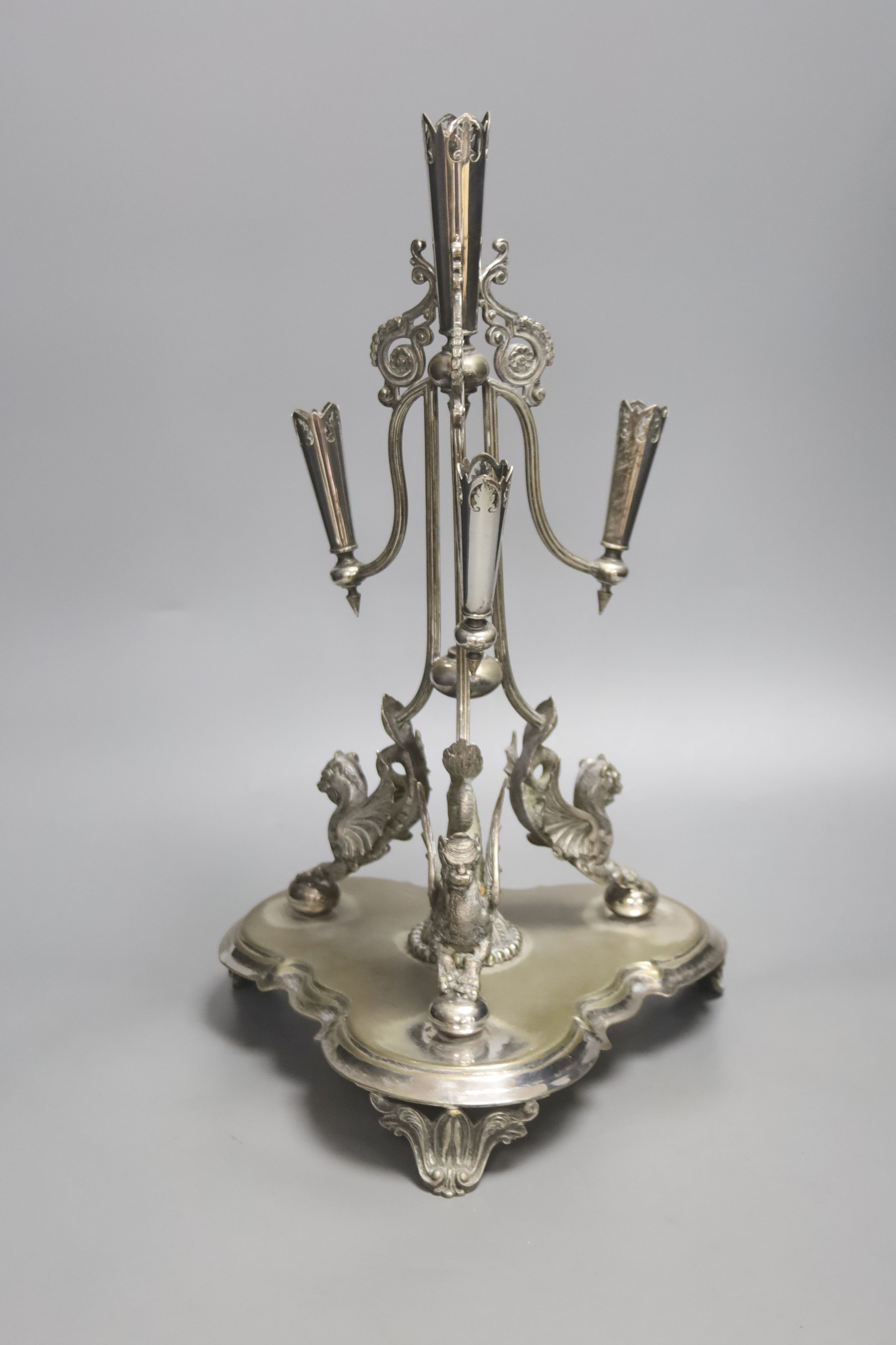 A Walker and Hall silver plated epergne stand, 42cm high